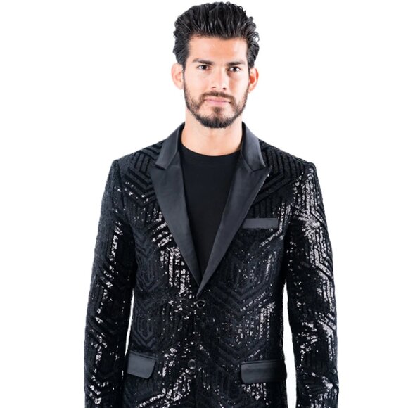Blazer Mens Black Sparkle Jacket Mens Hexagon Pattern Sequin Prom